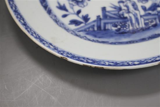 A Chinese Imari plate decorated with flowers in an urn, 25cm and a blue and white plate, 23cm